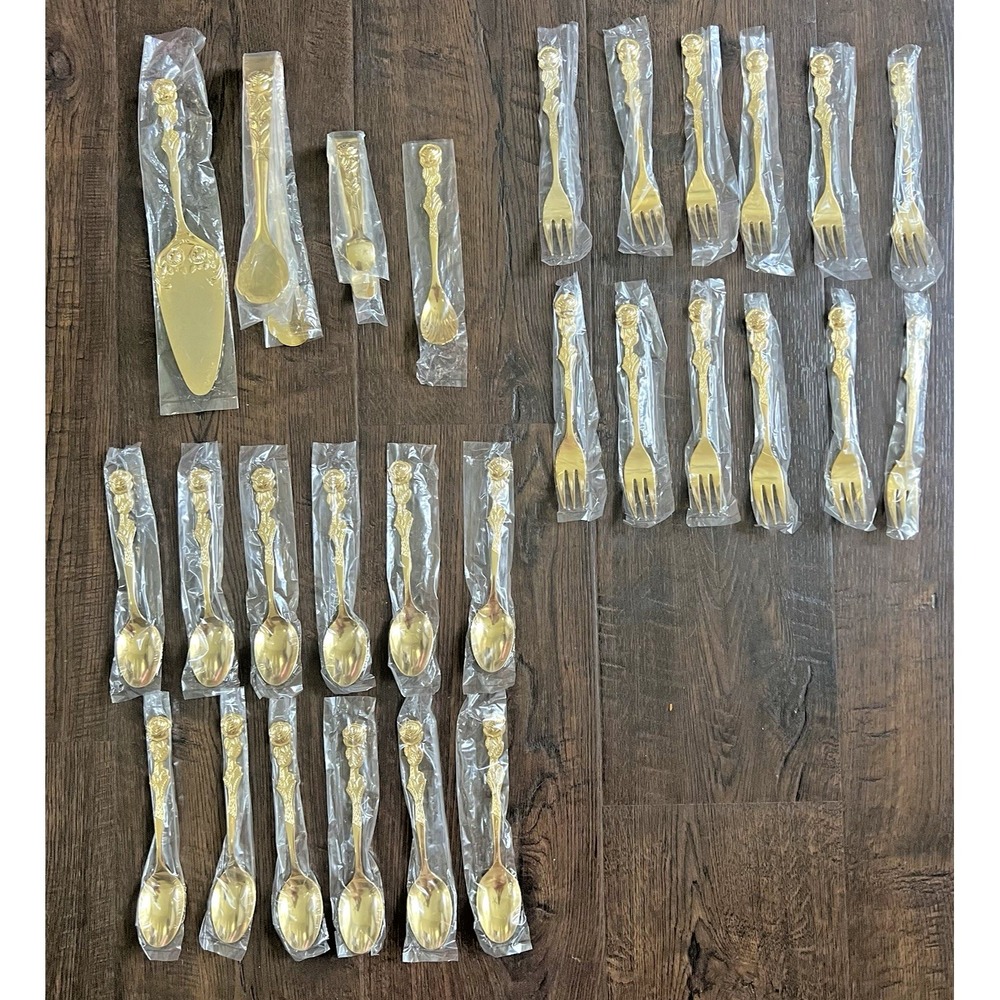 Vintage Flatware Set Gold Plated Romantic Rose Dessert 28 Pc EP SS Japan NOS - Picture 2 of 10